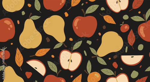 Cozy and warm seamless autumn pattern featuring stylized apples, pears, and leaves in earthy fall colors on a dark background.