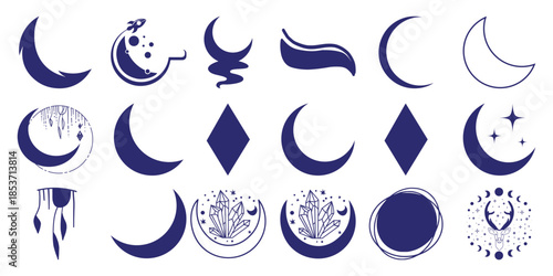 Collection of dark blue esoteric celestial symbols including moons crystals and deer crescent