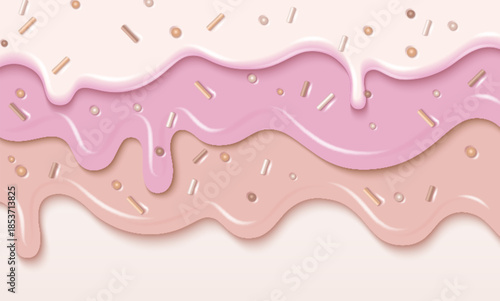 Pink candy drip background with flowing cream texture and sprinkles - sweet melting frosting border with realistic liquid icing. Glossy dripping layers with decorative elements for dessert design.