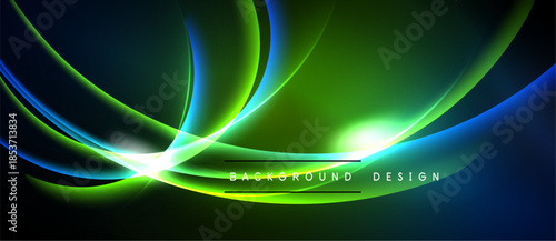 Abstract vibrant light streaks. Green, blue hues dominate dark background. Modern design element, dynamic energy radiates.
