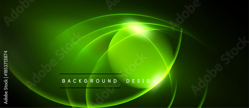 Bright green neon lines form abstract circular shapes. Dark background emphasizes glowing effect. Text reads background design.