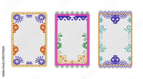 Mexican frame set with traditional day of the dead motifs - colorful borders with skull patterns, floral elements and decorative ornaments. Latino fiesta design with ethnic folk art for invitations.