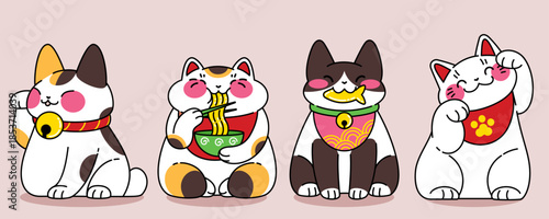 Japanese lucky cat set with maneki neko characters - kawaii fortune mascots with traditional bells, noodles and fish. Cute cartoon beckoning cats in Asian style for good luck and prosperity symbols.
