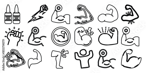 Collection of black line depicting muscular arms dumbbells and medical ampoules muscle