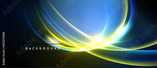 Abstract flowing lines, vibrant blues, yellows create dynamic energy. Dark background emphasizes luminosity, modern design element.