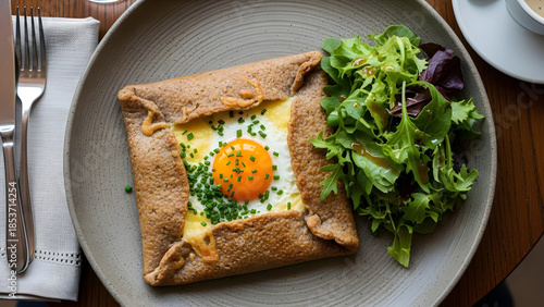 Delicious savory crepe with egg and fresh greens on plate