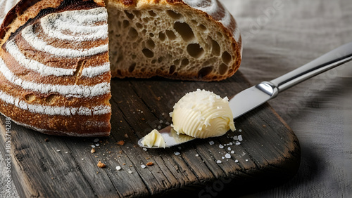 Delicious homemade bread with butter on a rustic wooden board