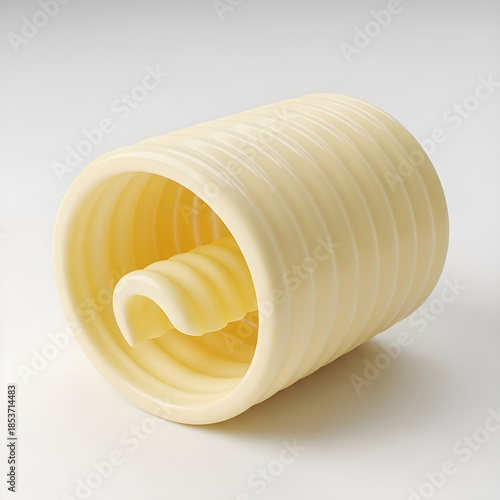 Close-up of a rolled-up butter wrapper on a white background