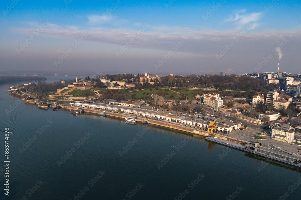 Fototapeta premium Belgrade, Serbia - December 20, 2025: Kalemegdan Fortress and Sava River photographed by drone 