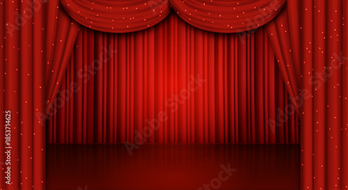Theater stage with red velvet curtain drapes and shimmering golden lights. Classic dramatic folds and spotlight effects - theatrical scene for concert, opera or cabaret performance display.