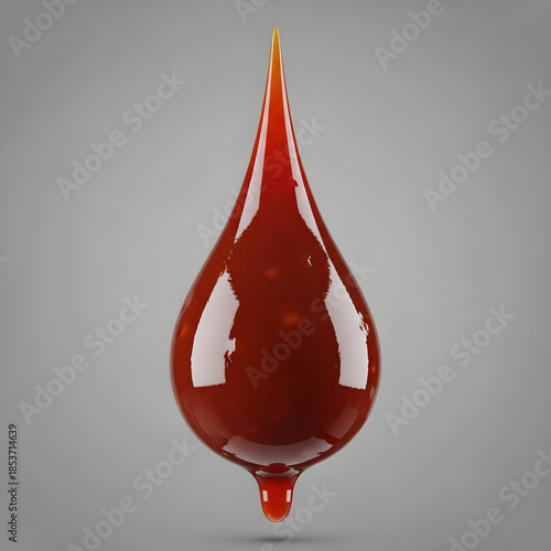 Vibrant red liquid droplet falling against gray background