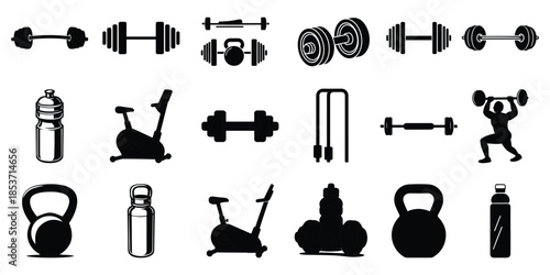 Black and white silhouette of gym equipment and fitness accessories
