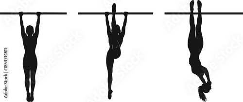 Gymnastics bar exercise silhouette collection showing hanging, leg raise, and inverted positions illustrated in black flat vector style isolated on white background for fitness, sport, and training de