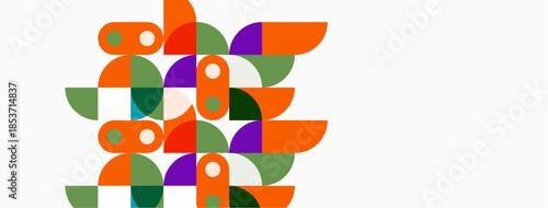 Abstract geometric shapes, orange, green, purple hues. Composition suggests organic forms, possibly foliage or petals. Minimalist style, clean design.