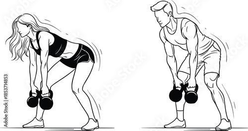 Kettlebell deadlift exercise illustration showing correct lifting technique for female and male athletes illustrated in clean black line art vector style isolated on white background for fitness, work