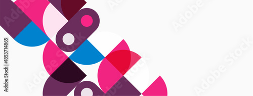 Abstract geometric shapes overlap, creating vibrant pinks, purples, blues on white background. Modern design elements present playful composition.