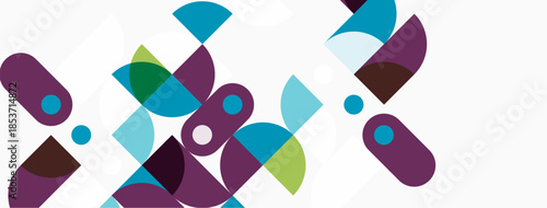 Abstract geometric shapes overlap, creating colorful pattern. Purple, teal, green hues dominate white background. Modern design element.