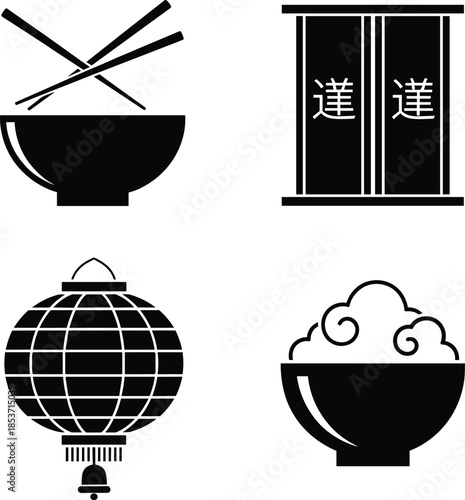 Asian food and culture silhouette icon set featuring rice bowl with chopsticks, traditional lantern, oriental door, and noodle bowl illustrated in clean black flat vector style isolated on white backg