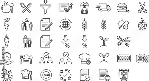 Business, food, logistics, and health outline icon mega collection featuring documents, delivery, nutrition, people, analytics, and workflow symbols illustrated in clean black line art vector style is