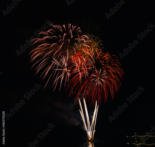 Colorful fireworks exploding in the night sky, symbolizing celebration, festival opening ceremony, New Year celebration, success, joy, and special events.