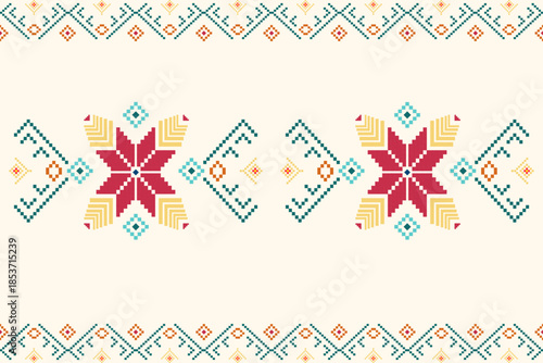 Ikat ethnic abstract geometric embroidery knitting element seamless on yellow background pattern. Native decorative design for fabric, fashion, texture, wallpaper, border, line, lace, decoration