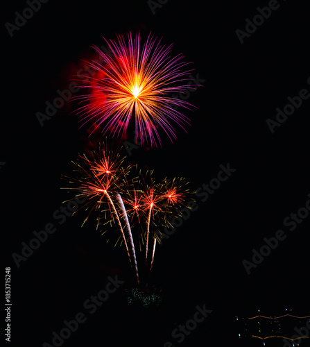Colorful fireworks exploding in the night sky, symbolizing celebration, festival opening ceremony, New Year celebration, success, joy, and special events.