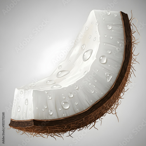 Detailed cross-section of a coconut with water droplets on its white interior