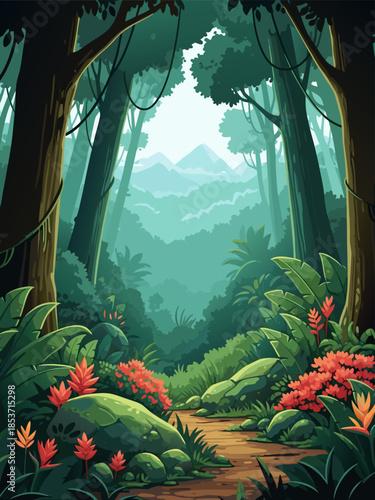 Lush jungle pathway leading through vibrant foliage to distant misty mountains, a serene natural landscape illustration