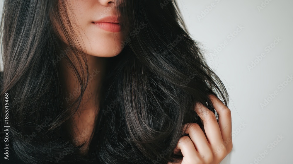 Fototapeta premium Young woman showing healthy, shiny black hair, touching her flowing locks with fingers, emphasizing hair care, beauty, and natural volume against a soft background