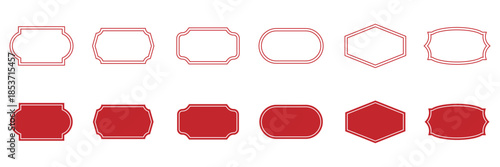 Vintage label collection with ornate frames red line and silhouettes. Decorative badge shapes for product packaging, branding and logo design. Set of vintage label and badges shape collections red col