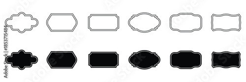 Vintage label collection with ornate frames black line and silhouettes. Decorative badge shapes for product packaging, branding. Vintage label and badges shape collections black colour.