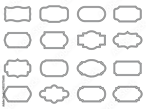 Vintage label collection with ornate frames black line. Decorative badge shapes for product packaging, branding and logo design. Set of vintage label and badges shape collections black colour.