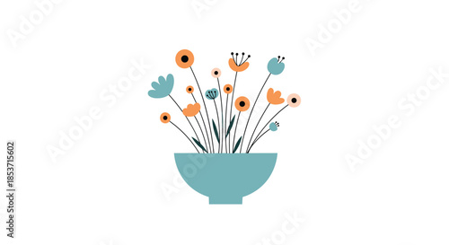 Minimalist and modern illustration of a delicate bouquet of stylized wildflowers in a simple turquoise bowl-shaped vase on a white background.