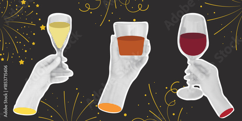 Modern halftone collage of celebration with raised glasses. Various alcoholic drinks in peoples hands. Celebrating festive event concept. Vector graphic
