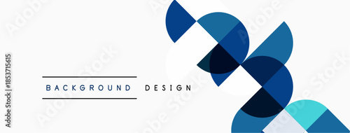 Abstract geometric shapes overlap, creating dynamic visual effect. Blue, gray tones dominate clean white background. Minimalist design.