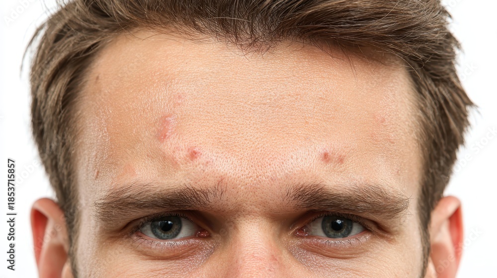 Obraz premium Adult male facing skin issues on forehead, showing acne blemishes, pimples, and a skin problem requiring dermatological care for healthy appearance