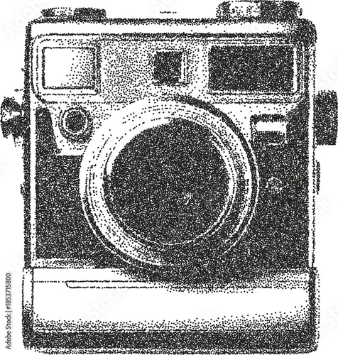 Camera retro y2k stipple design photo halftone brutalist urban vector png with clear background, lens 2000s photocopy grunge tattoo gen z effect