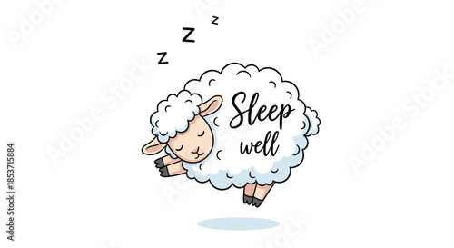 Adorable cartoon sheep leaping and sleeping with 'Z's above its head, featuring the comforting phrase 'Sleep well' in a cute script.