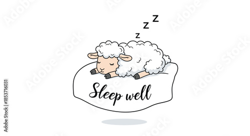 Cute cartoon illustration of a fluffy sheep sleeping peacefully on a soft pillow, with the gentle message 'Sleep well' written below.