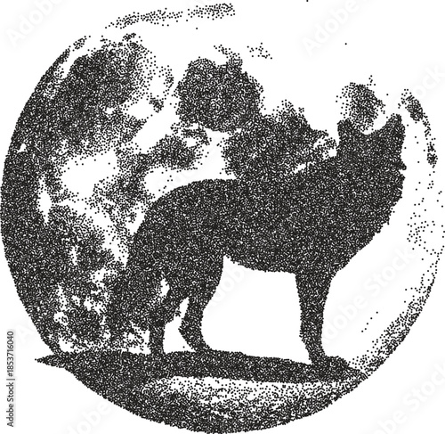 Wolf retro y2k stipple design predator halftone brutalist urban vector png with clear background, wild 2000s photocopy grunge tattoo gen z effect