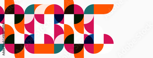 Abstract geometric pattern. Circles, semicircles create colorful composition. Orange, pink, teal dominate design. Modern aesthetic.