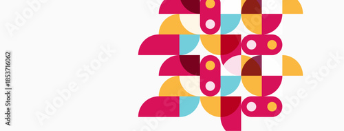 Abstract geometric shapes overlap, creating colorful pattern. Pink, blue, orange hues dominate white background. Modern design element.