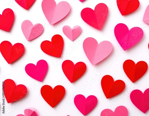 Red and pink paper hearts background. Valentine's Day card.