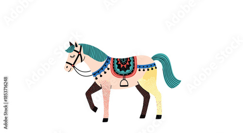 Charming and colorful folk art illustration of a stylized horse with a decorative saddle and a turquoise mane, isolated on white.