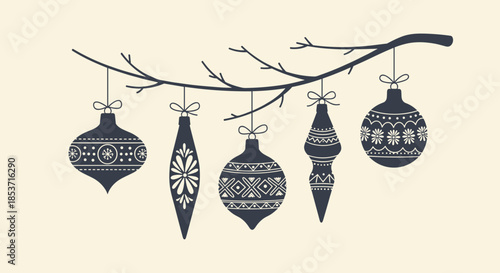 Elegant silhouette of five vintage-style Christmas ornaments with intricate patterns hanging from a delicate tree branch on a beige background.