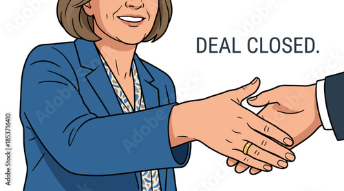 Business Handshake Illustration Signaling Deal Closure in Professional Context with Confident Expression and Formal Attire on Digital Background