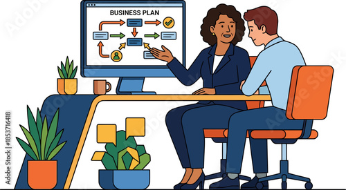 Business strategy discussion between a woman and a man with a detailed plan on a digital screen on a modern workspace with plants and office decor