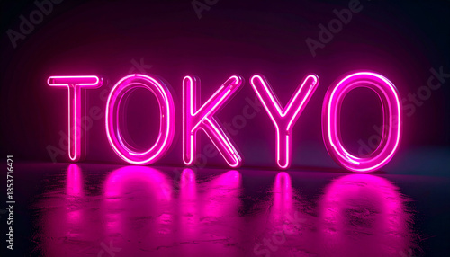 Vibrant neon pink word TOKYO, capital of Japan, futuristic city. Dark gradient background. Close-up.