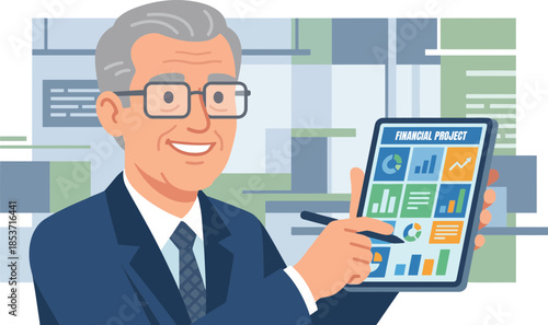 businesswoman analyzing financial data on digital tablet with colorful graphs and charts in modern office setting ergonomic workstation transparent