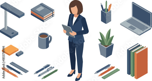 Businesswoman Using Tablet in Modern Office with Documents and Tech Gadgets on Desk Transparent Background